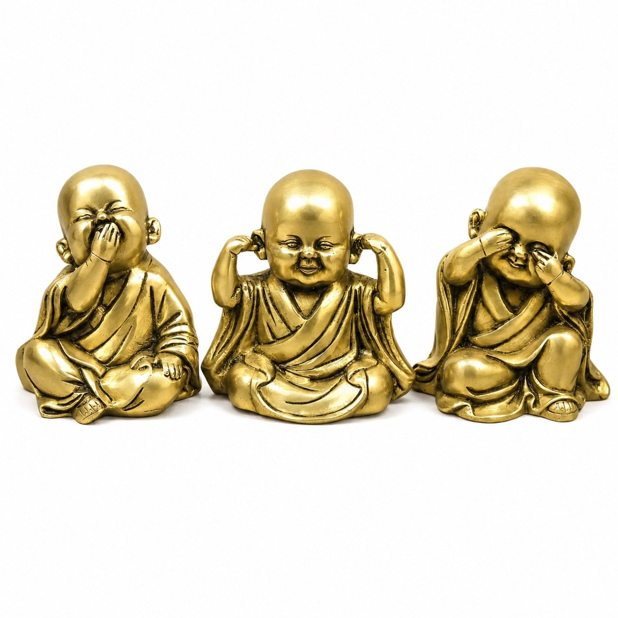 Brass seated monk sculpture set, smooth gold finish, hands in prayer pose