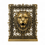 Brass lion face panel with ornate filigree frame and raised mane detailing