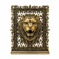 Brass lion face panel with ornate filigree frame and raised mane detailing