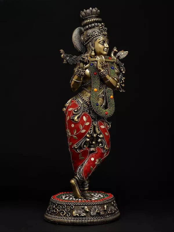 Superfine Brass Tribhanga Murari Krishna Playing Flute Idol (Height 14 Inch) Study Setting
