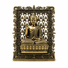 Brass Buddha panel with ornate filigree frame, seated figure in gold tone