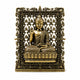 Brass Buddha panel with ornate filigree frame, seated figure in gold tone