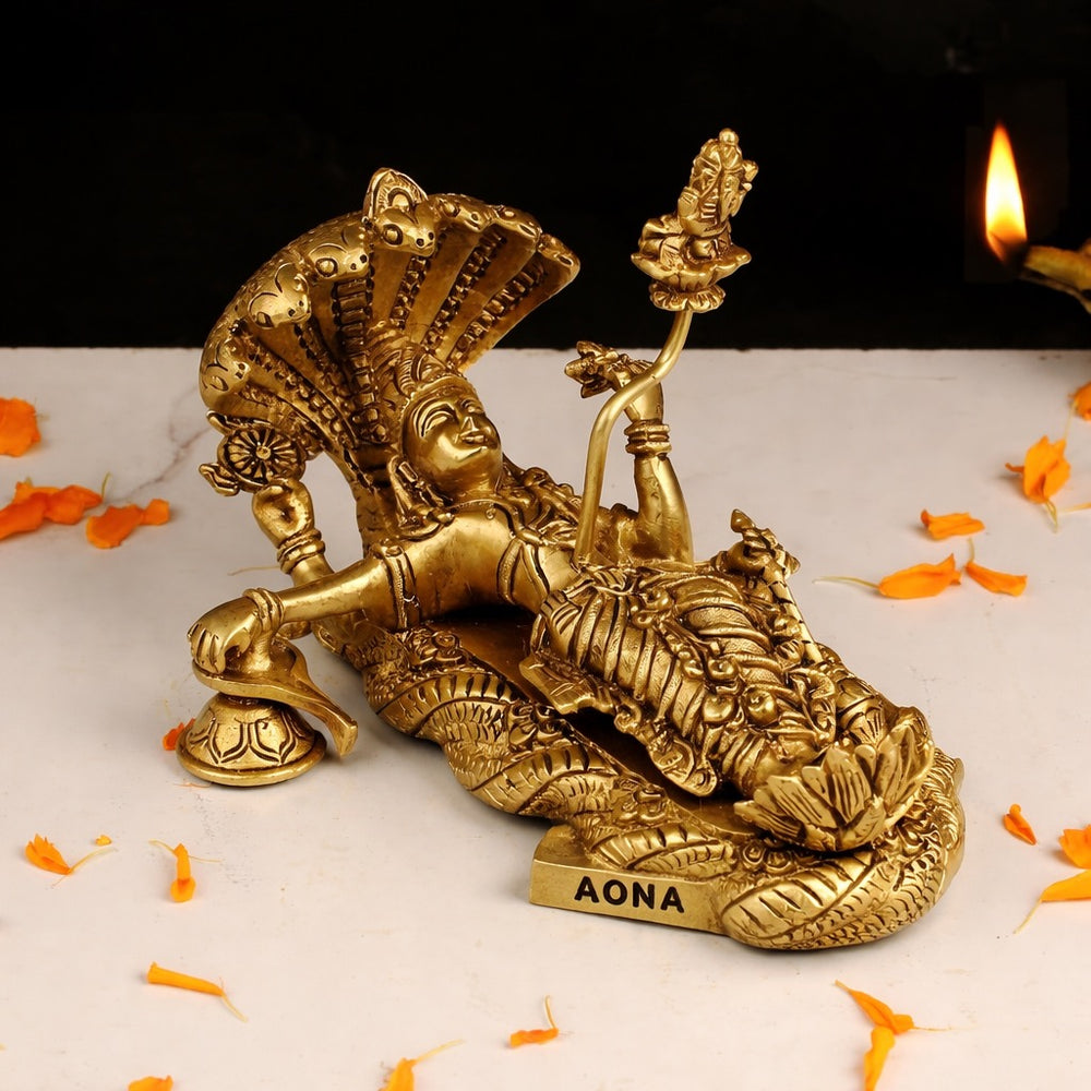 Brass Vishnu Padmanabhan Swami Statue on Sheshnag (Anantdeva) – Idol for Home Temple & Décor (Height : 5.9 Inches)
