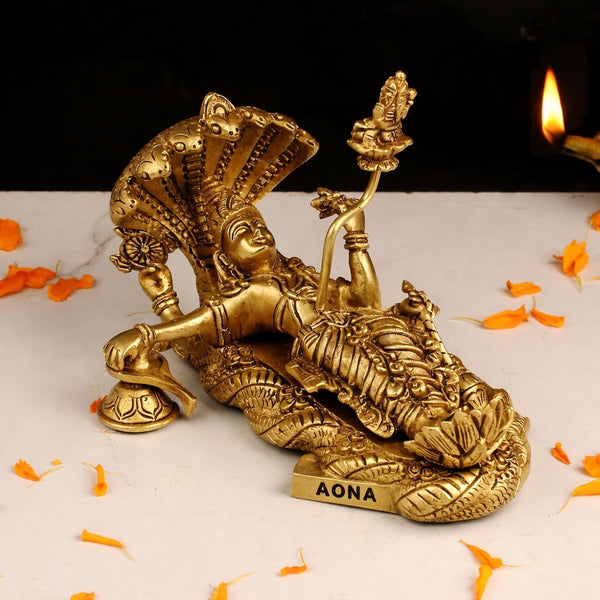 Brass Vishnu Padmanabhan Swami Statue on Sheshnag (Anantdeva) – Idol for Home Temple & Décor (Height : 5.9 Inches)