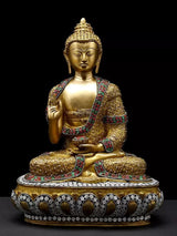 Brass Buddha idol seated, preaching hand gesture, jeweled robe trim, patterned base, 16"