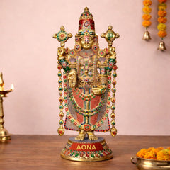 Brass Lord Tirupati Balaji idol with jeweled crown, red garments, and ornate ornaments