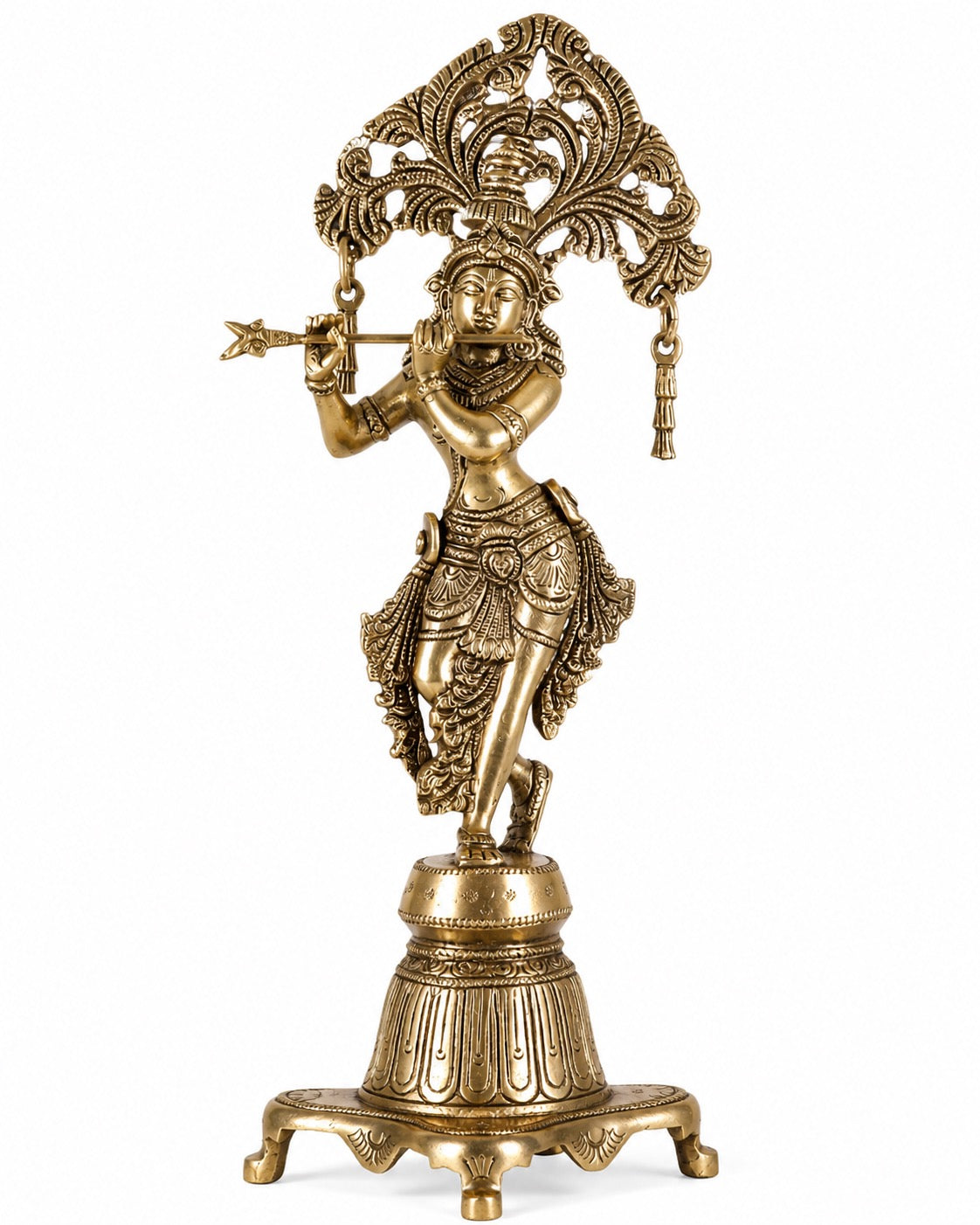 Brass Krishna Bhagwan idol standing pose, ornate headdress, flute, detailed jewelry