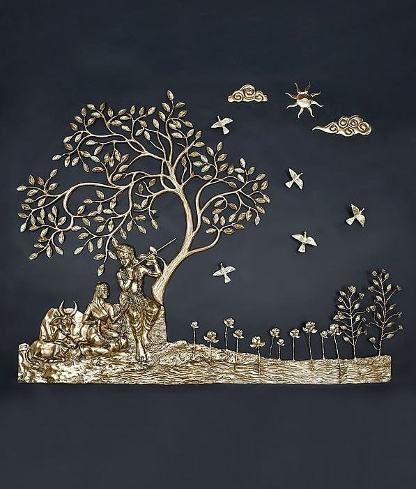 Brass Radha Krishna Seated Under The Tree Wall Hanging (Height: 6 Foot)