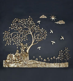 Brass Radha Krishna under tree wall hanging with birds and decorative cloud scroll motifs