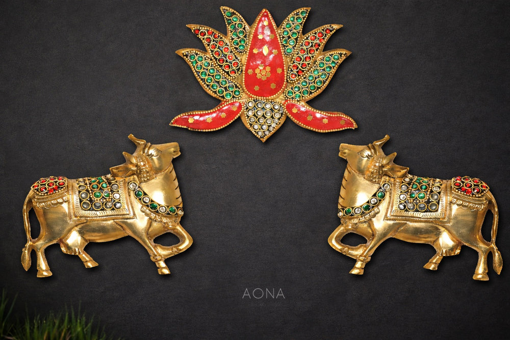 Premium Brass Kamdhenu Cow Wall Decor with Lotus Motif – Pack of 3 for Home Temple, Office & Vastu Use (Height :5 Inches)