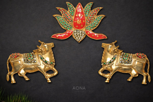 Premium Brass Kamdhenu Cow Wall Decor with Lotus Motif – Pack of 3 for Home Temple, Office & Vastu Use (Height :5 Inches)