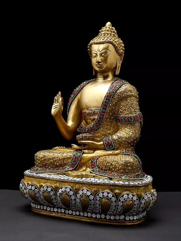 Brass Lord Buddha Preaching Dharma Idol (Height 16 Inch) Study Setting