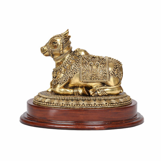 Superfine Brass Shiva Seated with Nandi Statue on Wooden Base – Nandi Bull Idol for Home Temple, Pooja Mandir & Decor (Height :8 Inches)