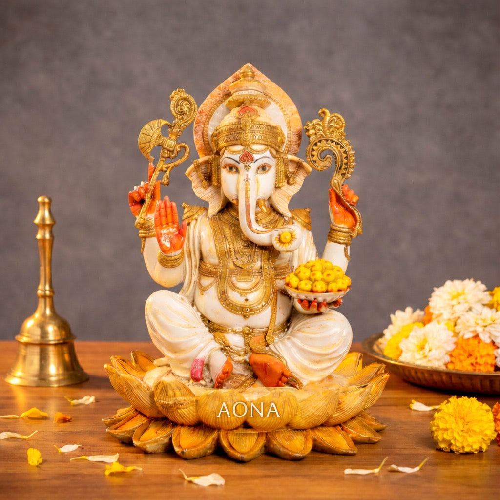 AONA Resin Lord Ganesha Sitting on Lotus Idol – Multicolor Ganesh Murti for Home Decor, Mandir Pooja & Office 