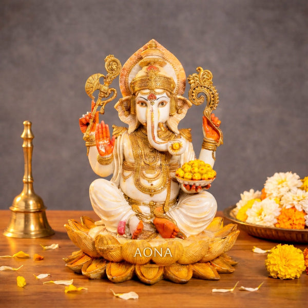 Resin Lord Ganesha Sitting on Lotus Idol – Multicolor Ganesh Murti for Home Decor, Mandir Pooja & Office (Height :10 Inches)