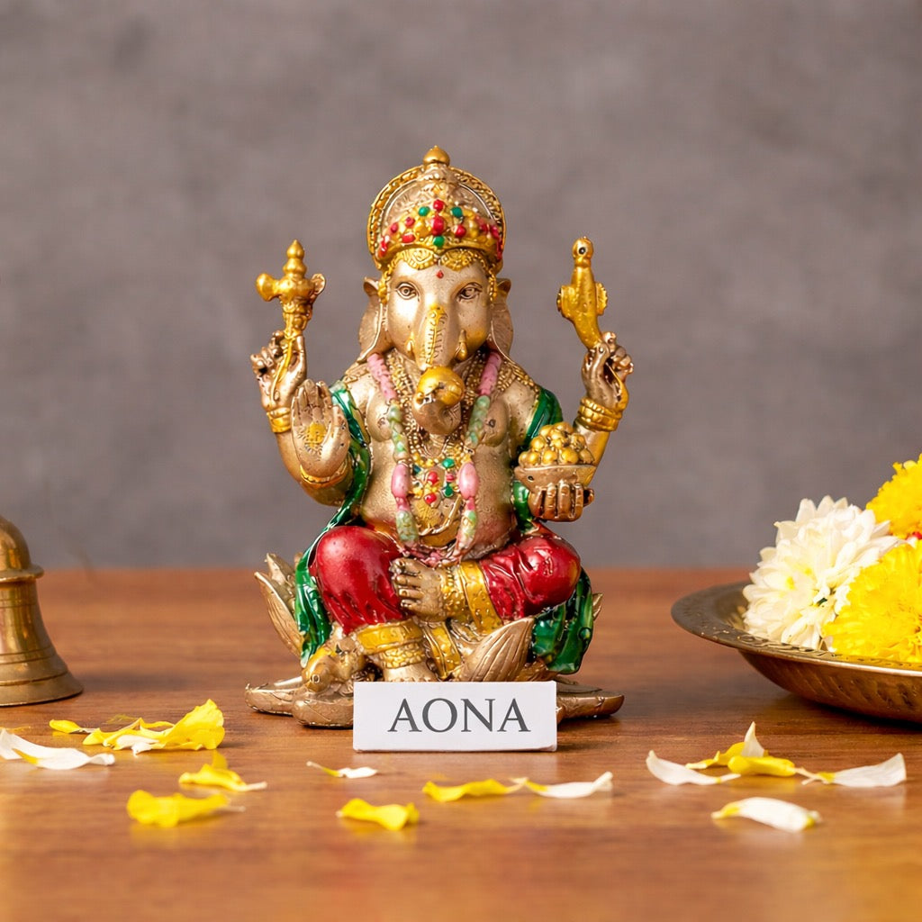 AONA Resin Lord Ganesha Sitting on Lotus Idol – Religious Ganesh Murti for Home Decor, Mandir Pooja & Car Dashboard 