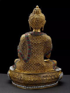 Brass Buddha idol back view, embossed lotus base, multicolor inlay, seated robe, 16"