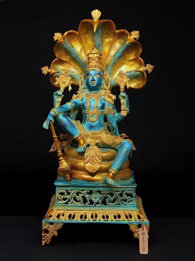 AONA Brass Four Armed Lord Vishnu Seated on Sheshnag Idol 