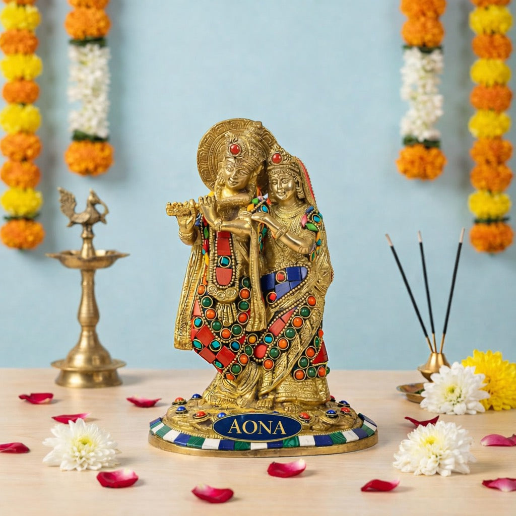 AONA Brass Divine Radha Krishna Idol – Perfect for Home Décor, Temple Use & Office Gifting 