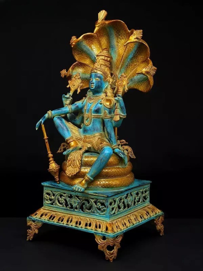 Brass Four Armed Lord Vishnu Seated on Sheshnag Idol (Height 28 Inches)