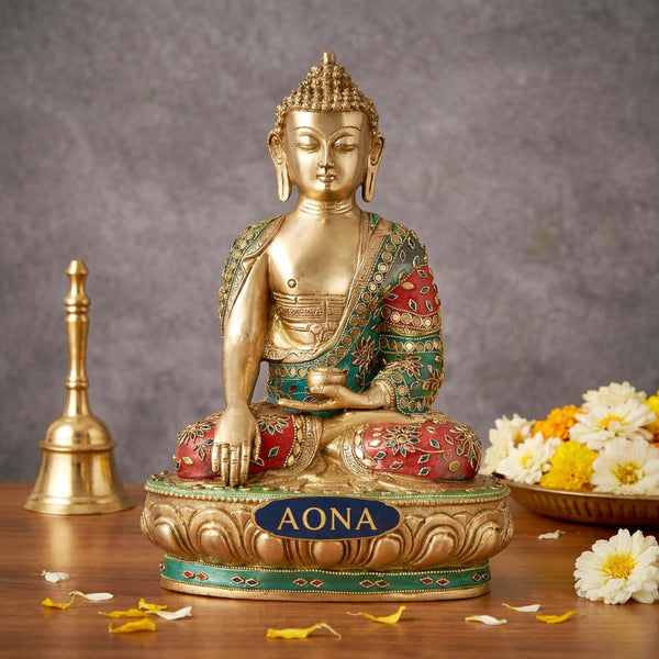 Brass Gautam Buddha Statue in Bhumisparsha Mudra – Handcrafted Spiritual Décor for Home, Office & Temple (Height :13 Inches)