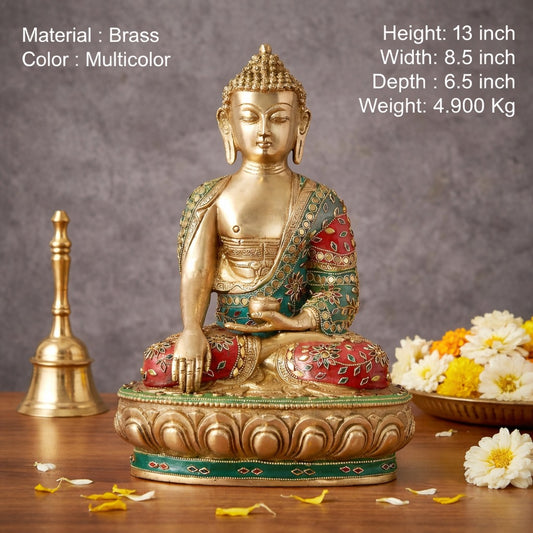 Brass Gautam Buddha Statue in Bhumisparsha Mudra – Handcrafted Spiritual Décor for Home, Office & Temple (Height :13 Inches)