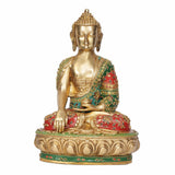 Brass Gautam Buddha statue seated in bhumisparsha mudra, ornate multicolor robe details