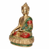 Side view: Brass Gautam Buddha statue with multicolor robe and gold lotus base