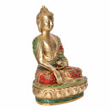 Brass Gautam Buddha statue in bhumisparsha mudra, multicolor robe on lotus pedestal
