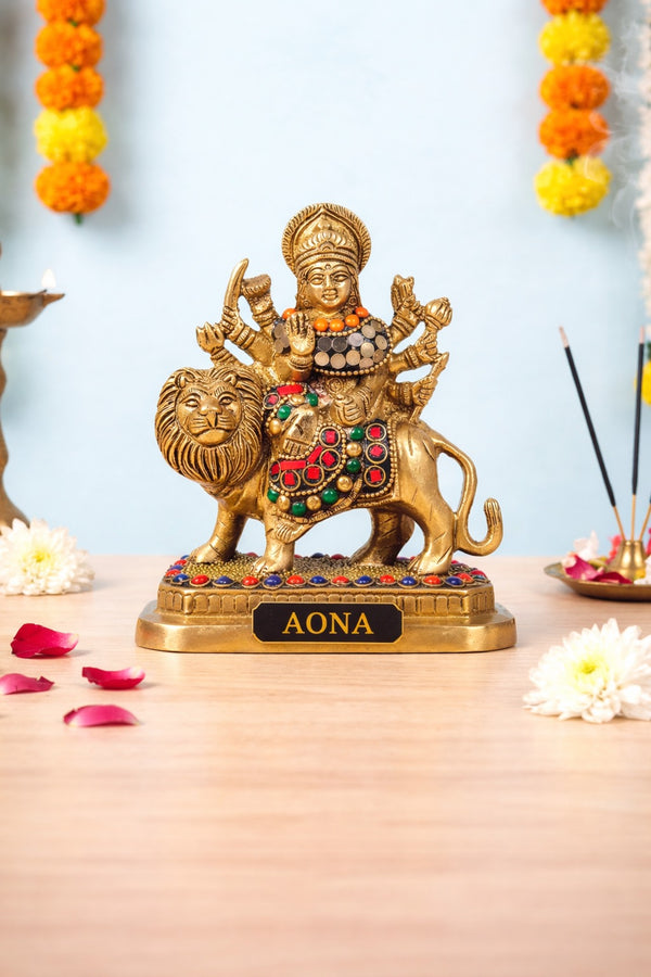 Brass Durga Maa with Lion Idol – Sherawali Mata Rani Statue for Home Temple Décor & Pooja Figurine multicolour 2 (Height :6 Inches)