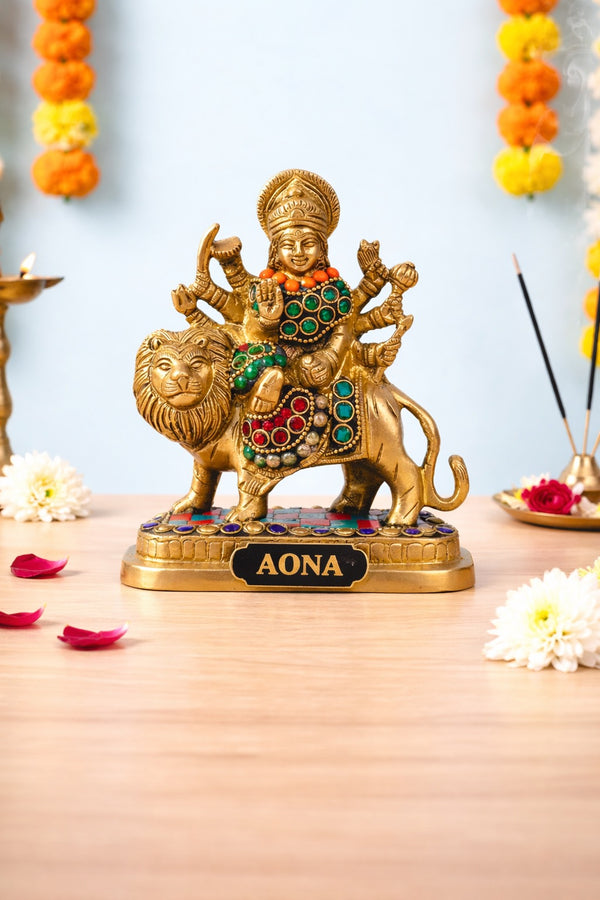 Brass Durga Maa with Lion Idol – Sherawali Mata Rani Statue for Home Temple Décor & Pooja Figurine multicolour 3 (Height :6 Inches)