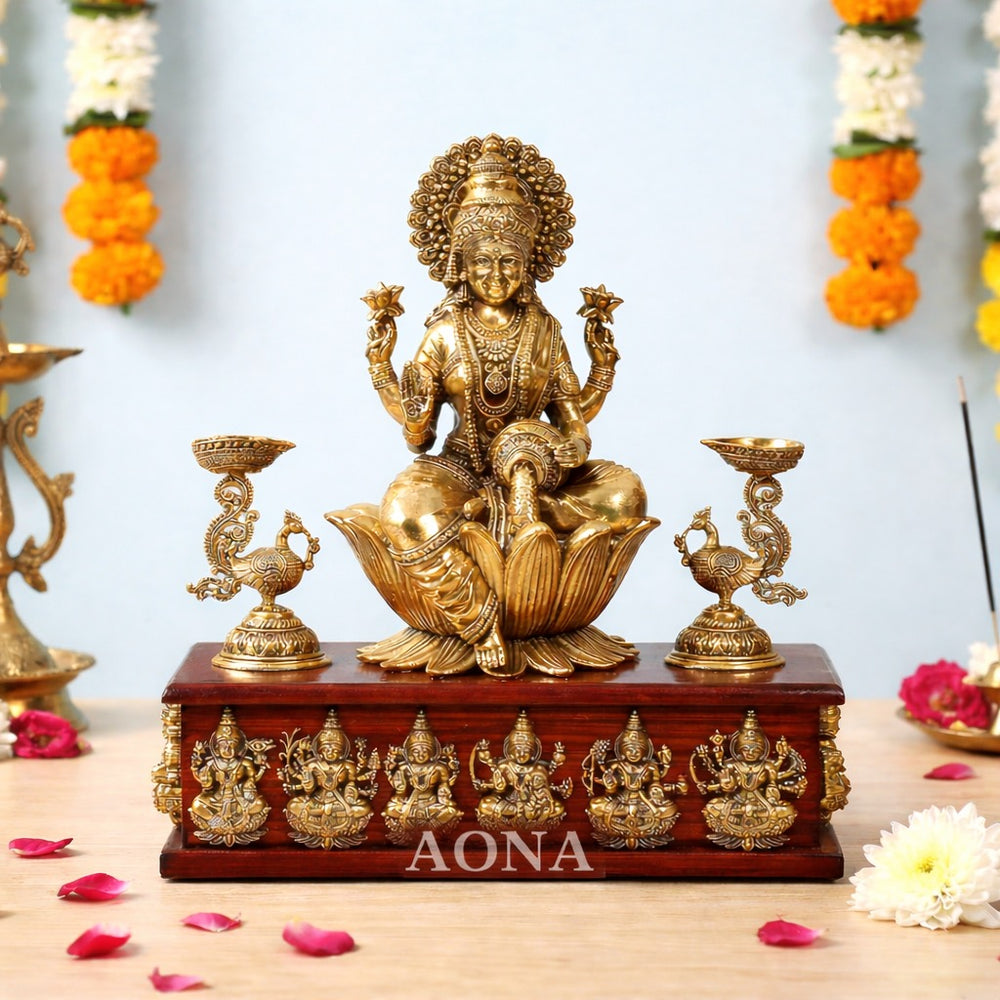 Superfine Brass Goddess Lakshmi Idol with Ashtalakshmi Design on Wooden Base, Featuring Peacock Oil Lamps – Decorative Statue for Home, Office & Puja Temple (Height :10 Inches)