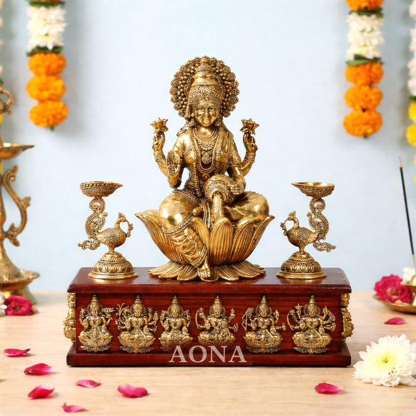 Superfine Brass Goddess Lakshmi Idol with Ashtalakshmi Design on Wooden Base, Featuring Peacock Oil Lamps – Decorative Statue for Home, Office & Puja Temple (Height :10 Inches)