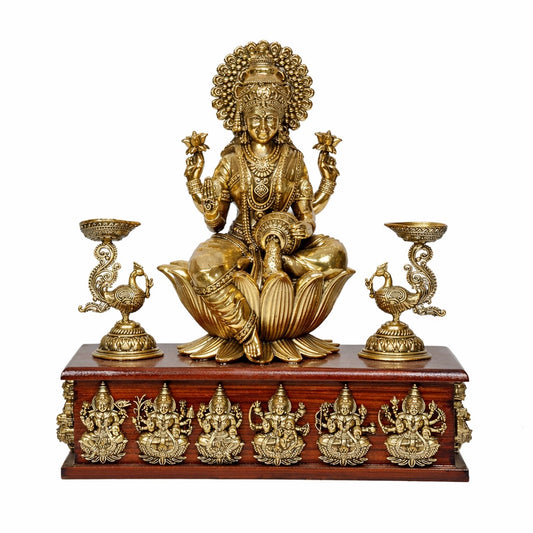Superfine Brass Goddess Lakshmi Idol with Ashtalakshmi Design on Wooden Base, Featuring Peacock Oil Lamps – Decorative Statue for Home, Office & Puja Temple (Height :10 Inches)