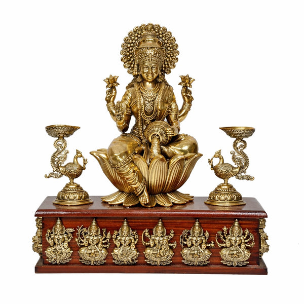 Superfine Brass Goddess Lakshmi Idol with Ashtalakshmi Design on Wooden Base, Featuring Peacock Oil Lamps – Decorative Statue for Home, Office & Puja Temple (Height :10 Inches) Entryway Setting