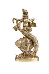 Brass Krishna Kaliya serpent statue, reverse three-quarter view with coiled tail.