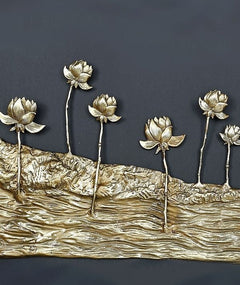 Brass wall hanging base with five lotus flowers on slender stems and textured ground