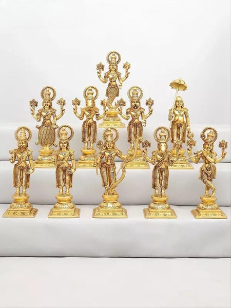 Brass Dashavatara of Lord Vishnu Sculpture | Set of Ten (Height 12 Inches)
