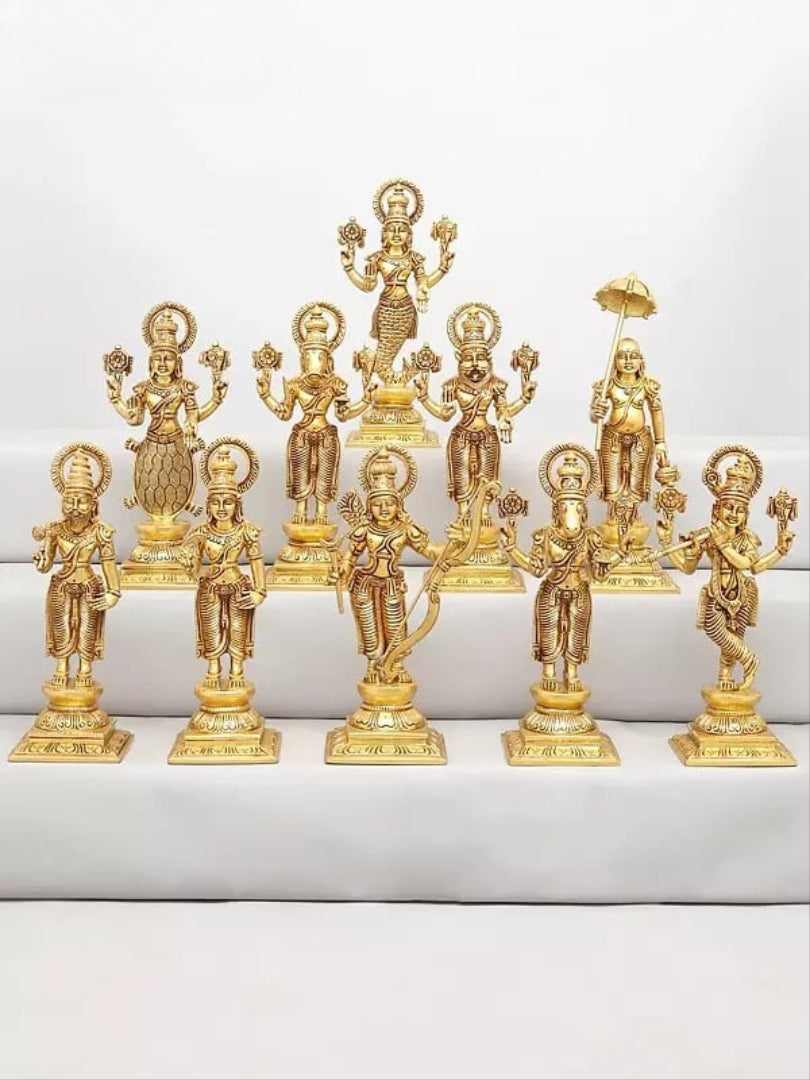 Set of ten brass Dashavatara sculptures, standing figures with detailed crowns and weapons.
