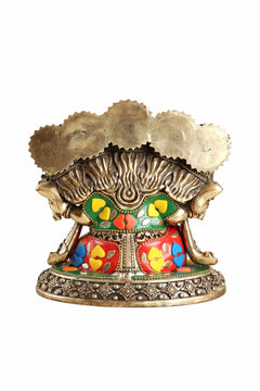 Back view of brass Panchmukhi Ganesha idol with meenakari red, blue, and green accents