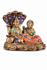 AONA brass Lakshmi Narayana Vishnu idol, seated on carved base, blue gem-like detailing