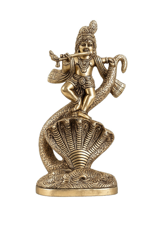Brass Lord Krishna Kalinga Narthana Statue – Dancing on Kaliya Serpent (Height:9.2 Inches)