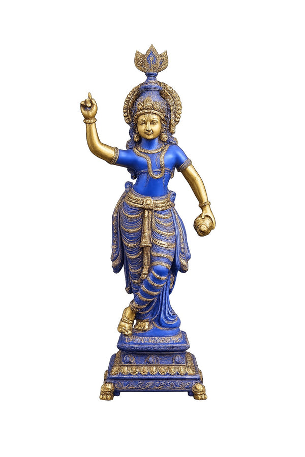 Brass Krishna Statue Holding Shankh and Chakra with Purple Patina & Golden Finish (Height: 28.5 Inches)