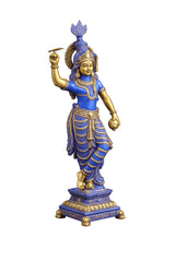 Krishna brass statue with blue-purple patina, draped garments, raised conch hand over base