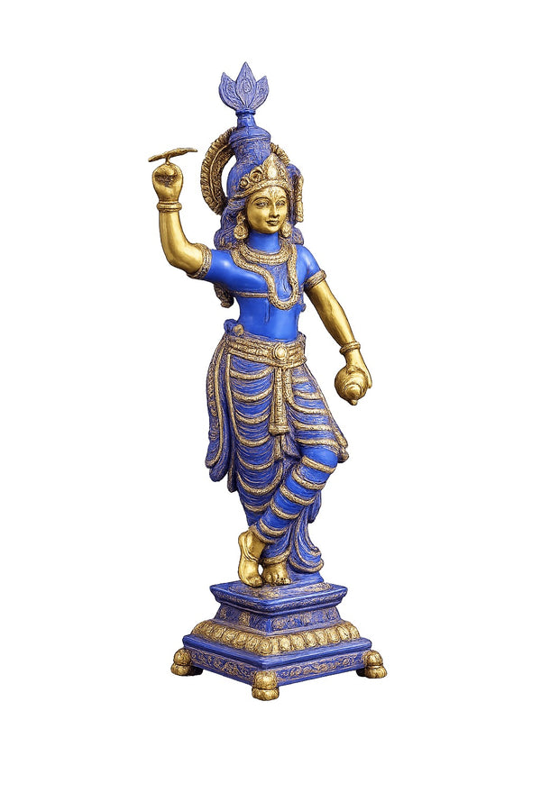Brass Krishna Statue Holding Shankh and Chakra with Purple Patina & Golden Finish (Height: 28.5 Inches) Entryway Setting