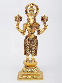 Gold-tone brass Dashavatara sculpture, standing figure with halo and left-right weapon hands.