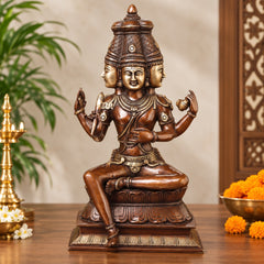 Seated four-headed Brahma deity idol statue with four raised hands, antique copper-gold finish