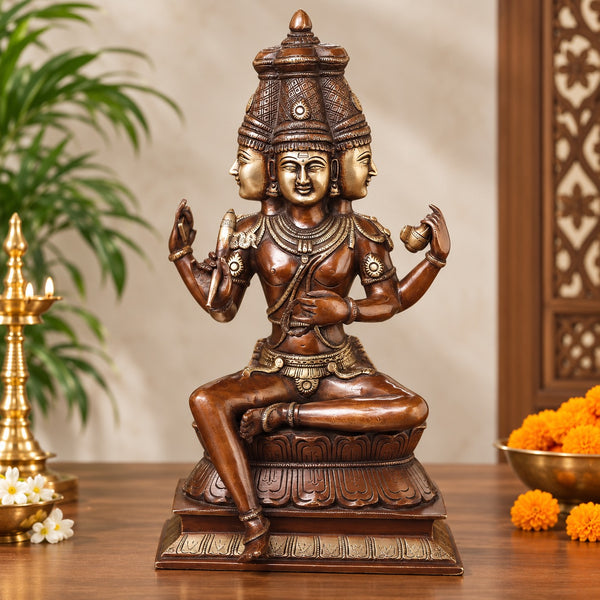 Brass Lord Brahma Ji Seated Idol, 4 Heads & 4 Arms, Antique Copper & Gold Finish, Hindu Deity Statue for Puja, Temple & Home Décor (Height: 16 Inches)