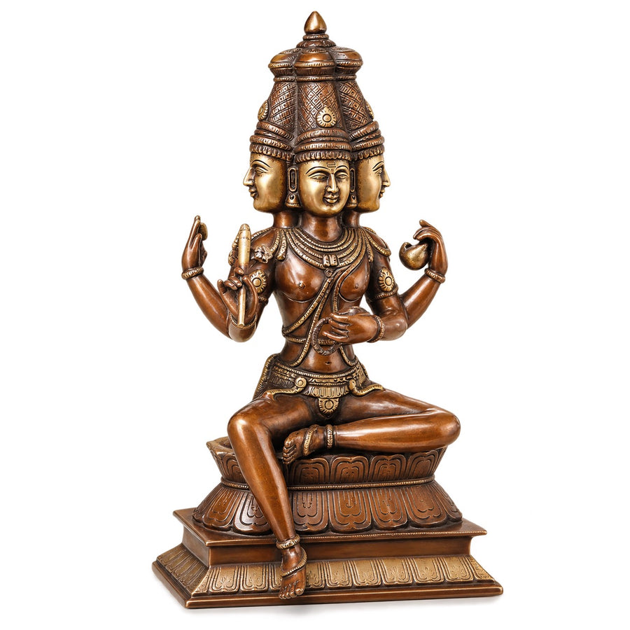 Brass Lord Brahma Ji Seated Idol, 4 Heads & 4 Arms, Antique Copper & Gold Finish, Hindu Deity Statue for Puja, Temple & Home Décor (Height: 16 Inches) Craft Detail