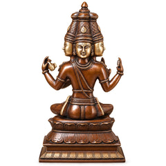 Four-headed Brahma deity idol statue seated on tiered base, four arms holding symbolic mudras